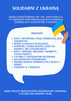 Ogłoszenie dotyczące zbiórki Solidarni z Ukrainą.
