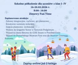 Półkolonie zimowe 2026 - Zimowy Fun Time (plakat informacyjny).