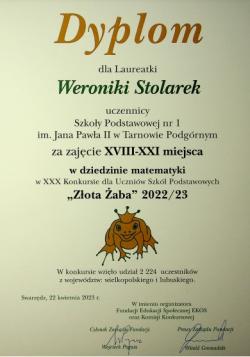 Dyplom Laureatki konkursu Złota Żaba