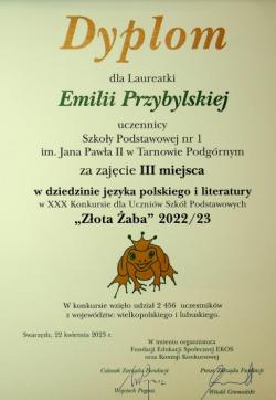 Dyplom Laureatki konkursu Złota Żaba