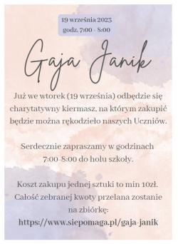 Pomoc dla Gai Janik - plakat wydarzenia, które odbędzie się 19.09.2023r. w godzinach 7:00 - 8:00.