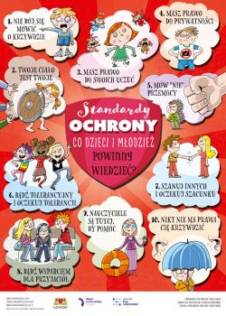 Standardy ochrony. Co dzieci i młodzież powinny wiedzieć? 1. Nie bój się mówić o swojej krzywdzie. 2. Twoje ciało jest twoje. 3. Masz prawo do swoich uczuć. 4. Masz prawo do prywatności. 5. Mów "nie" przemocy. 6. Bądź tolerancyjny i oczekuj tolerancji. 7. Szanuj innych i oczekuj szacunku. 8. Bądź wsparciem dla przyjaciół. 9. Nauczyciele są tutaj by pomóc. 10. Nikt nie ma prawa cię krzywdzić.