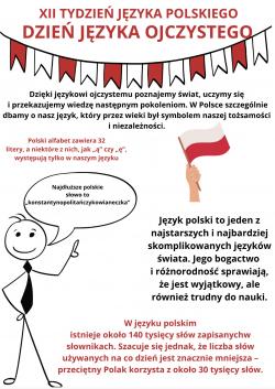 XII tydzień języka polskiego - plakat z ciekawostkami dotyczącymi języka polskiego.